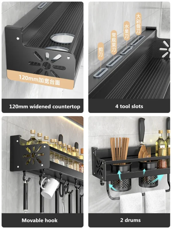 Wall-mounted Kitchen Organizer Shelf with Spice Storage, Knife Holder, and Utensil Rack