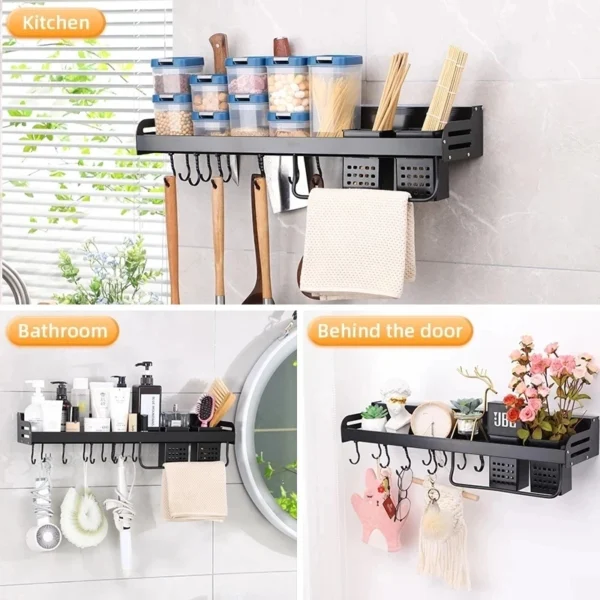 Wall-mounted Kitchen Organizer Shelf with Spice Storage, Knife Holder, and Utensil Rack