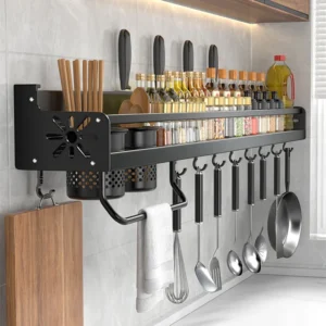 Wall-mounted Kitchen Organizer Shelf with Spice Storage, Knife Holder, and Utensil Rack