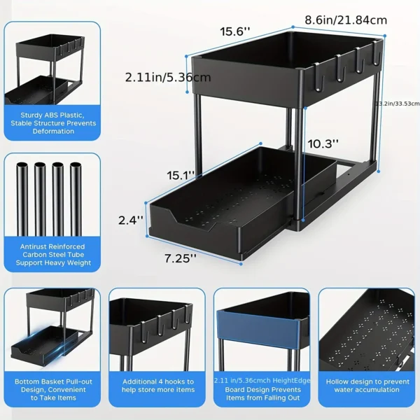 2 Tier Under Sink Organizer Sliding Cabinet Basket Organizer Storage Rack with Hooks Hanging Cup Bathroom Kitchen Organizer - Image 4