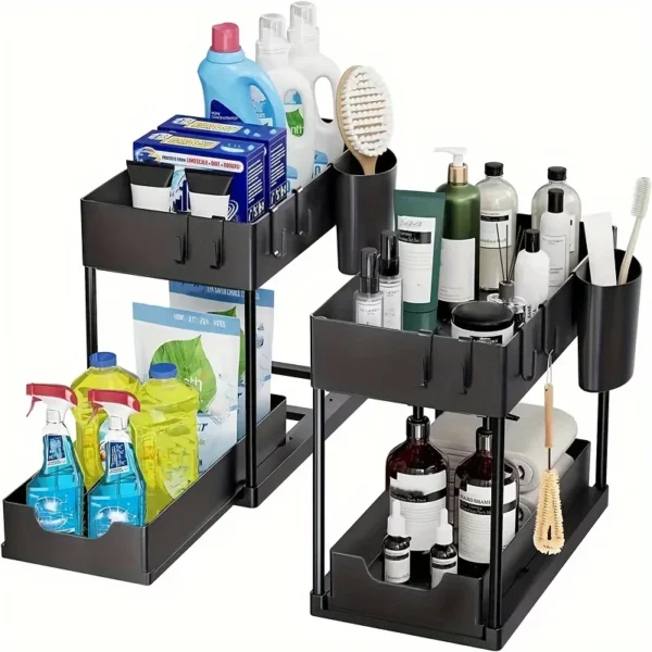 2 Tier Under Sink Organizer Sliding Cabinet Basket Organizer Storage Rack with Hooks Hanging Cup Bathroom Kitchen Organizer - Image 5